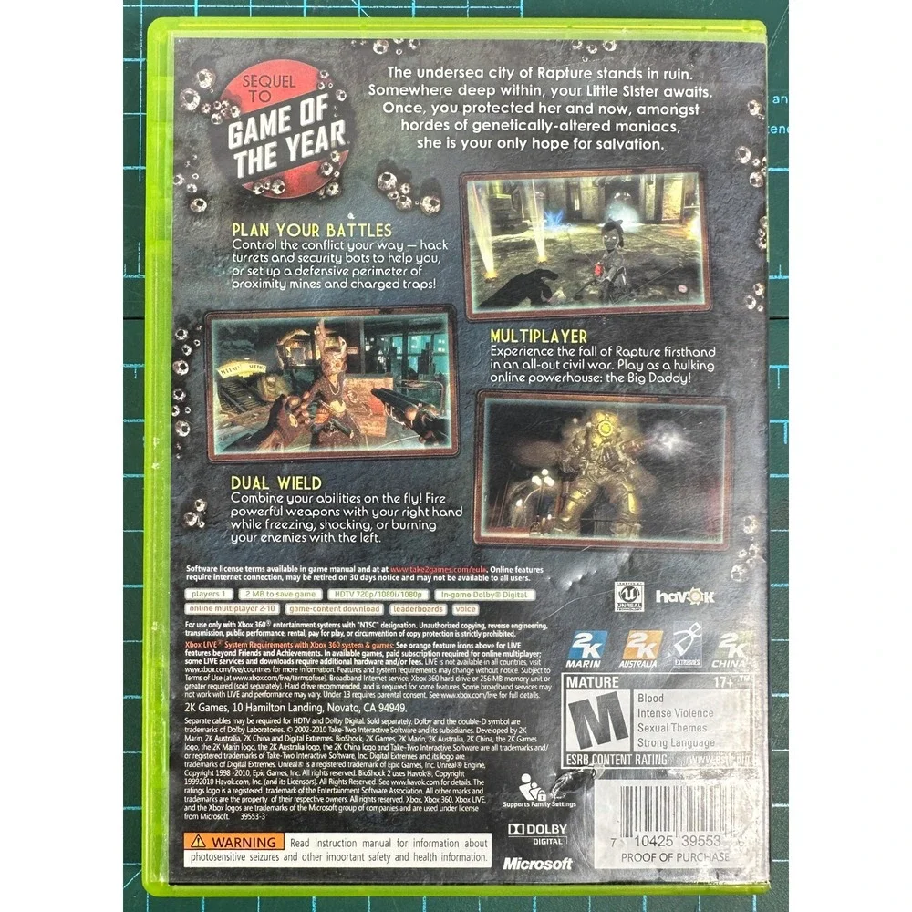 BioShock 2 Xbox 360 Game 2K Games NTSC With Manual Complete CIB 39553-3
